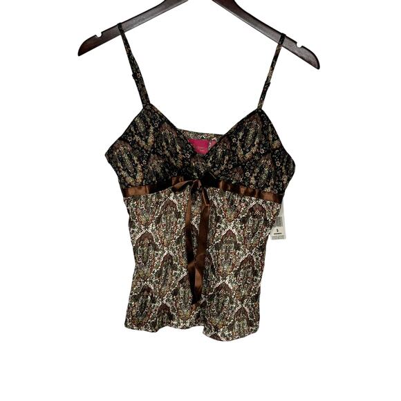 Vintage 90s Y2K Thalia Sodi Babydoll Tank Top Small Brown Floral Bow Deadstock - Picture 1 of 10